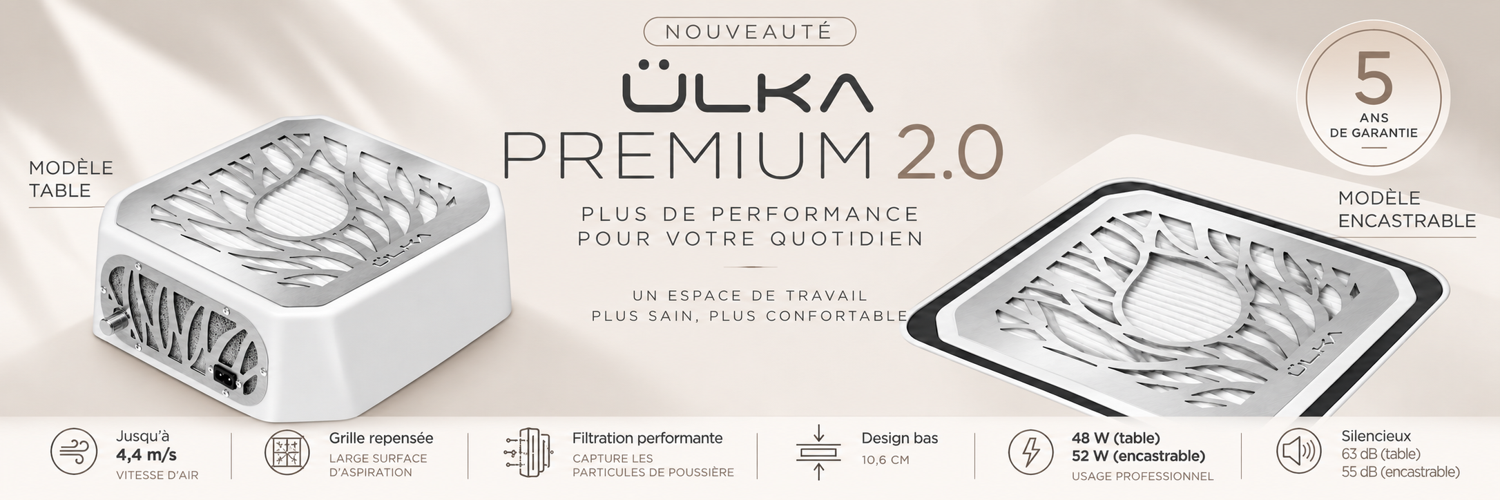 ÜLKA Premium 2.0 - Nouvel aspirateur manucure professionnel 2026, table et encastrable, 4,4 m/s, filtre HEPA, grille redessinée, garantie 5 ans
